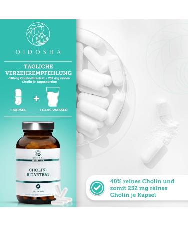 QIDOSHA Cholin Bitartrate Capsules - 630mg 180 Vegan Capsules | High Dose Lab Tested German Quality - Shop Now! - Buy Online on GoSupps.com
