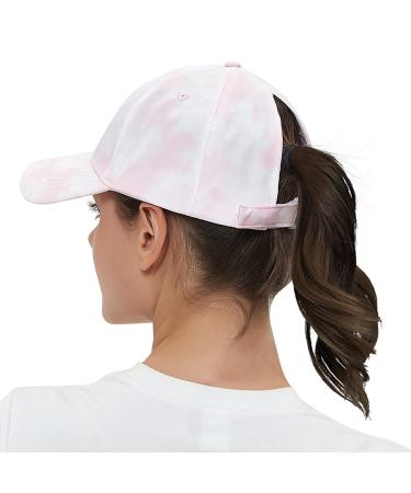 Muryobao Womens Ponytail Baseball Cap Adjustable High Messy Bun Ponycap Lightweight Quick Drying Hat Pink Tie Dye One Size