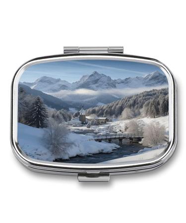 Pill Box Winter Landscape in The Bavarian Alps Print 2 Compartment Medicine Pill Case Pill Organizer Decorative Metal Portable Pill Box for Pocket Or Purse Style