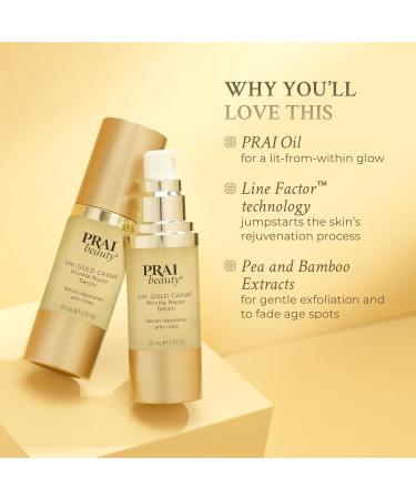 PRAI Beauty 24K Gold Caviar Wrinkle Repair Serum | Anti-Aging & Hydrating Face Serum with Hyaluronic Acid & Vitamin C | 3.4 oz for Brighter Firmer Skin - Buy Online on GoSupps.com