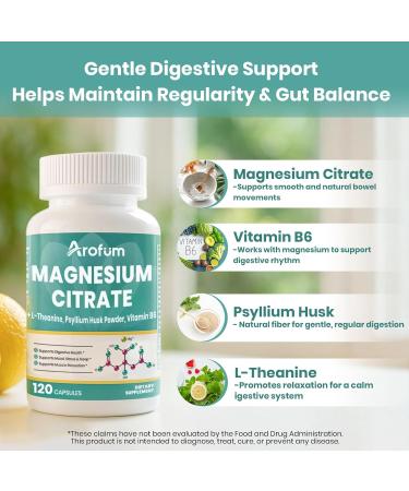 Arofum Magnesium Citrate Capsules for Constipation & Sleep Support - Vegan Magnesium Citrate Supplement with Vitamin B6 & L-Theanine for High Absorption - 120 Capsules, Non-GMO - Buy Online on GoSupps.com