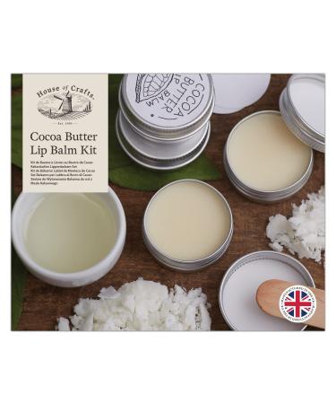 House of Crafts Cocoa Butter Lip Balm Single Craft Kit Set Off White Includes 4 Lip Balm Tins Candelilla Wax Cocoa Butter Shea Butter Castor Oil Wooden Stirrer Instructions