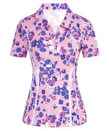 JACK SMITH Women's Golf Polo Shirts Short Sleeve Lightweight Moisture Wicking Zipper Tennis Tops Slim Fit Sportwear Pink-floral Large