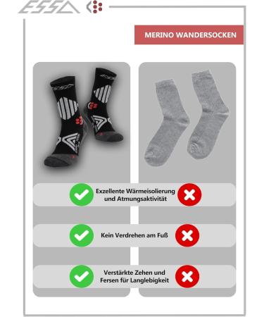 ESSA Merino Wool Hiking Socks - 2 Pairs - Breathable Trekking Socks for Men & Women - Sizes 35-38 - Black - Buy Online on GoSupps.com