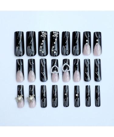 24pcs Black Bow Long Coffin Fake Nail Love Pearl Press on Nails Butterfly Stripes Polka Dot Luxurious Nails Acrylic Nails Fake Nails For Women Girls