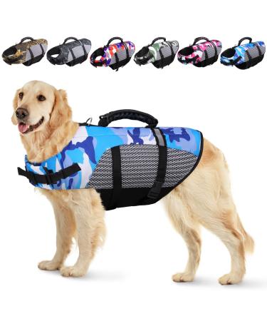 KOESON Dog Life Jacket Ripstop Pet Safety Life Vest, Adjustable Dogs Lifesaver Vest with Enhanced Buoyancy and Rescue Handle, Camouflage Swimsuit Preserver for Small Medium and Large Dogs (Blue, XL) X-Large Blue