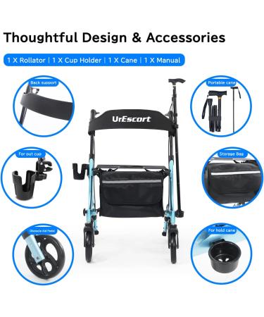 UrEscort Lightweight Rollator Walker for Seniors with Seat, Adjustable Handle & Basket - Blue - Buy Online on GoSupps.com