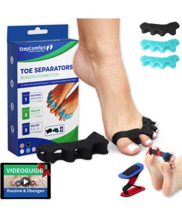 Stepcomfort toe spreader Hallux Valgus 4 pc elastic bale toe corrector 1 piece toe separator silicone hammer toe correction toe correction toe spacer for realignment of the feet (blue & black)