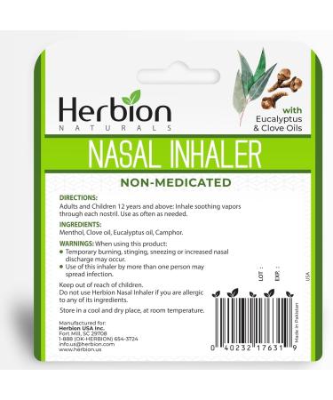 HERBION Naturals Nasal Inhaler Natural Relief for Nasal Congestion & Sinus Pressure Non-Medicated Sticks with Essential Oils Menthol Eucalyptus Clove Soothing Vapor Easy Breathing Pack of 2 2 Count (Pack of 1) - Buy Online on GoSupps.com