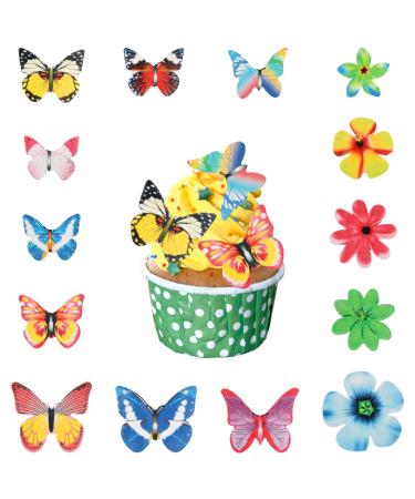 Pagezol 100Pcs Edible Butterfly Cupcake Toppers Edible Flower Cake Topper Colourful Edible Birthday Cake Toppers Beautiful Flowers and Butterflies Cupcake Toppers for Birthday Party Decoration
