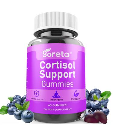 Goreta Cortisol Support Gummies for Women & Men, Adaptogen Blend with Ashwagandha, Rhodiola, L-Theanine & Magnesium, Blueberry Flavor, 60 Coun
