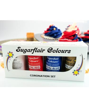 Sugarflair Limited Edition Coronation Colours Set of 4 - Royal Red Royal White and Royal Blue Highly Concentrated Food Colouring and Gold Edible Paint. - Buy Online on GoSupps.com