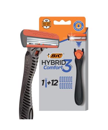 BIC Hybrid 3 Comfort Disposable Razors for Men, 1 Handle and 12 Cartridges With 3 Blades, 13 Piece Razor Kit for Men