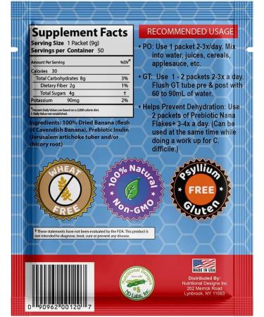 Prebiotic Nana Flakes 100% Pure Banana Flakes Medical Food Powder Decrease Fat Intake & Natural Remedy for Diarrhea & Heart Burn - Great Source of Fiber - Single Serve (100 Packets) Prebiotic 100 Single Serve Packets - Buy Online on GoSupps.com