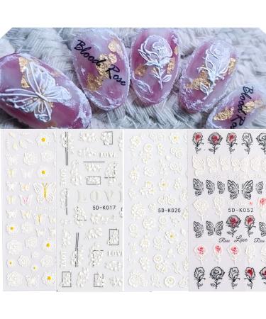 4 Sheets 5D Stereoscopic Embossed Nail Art Stickers Rose Butterfly Relief Self-Adhesive Nail Stickers Decals Nail Supplies Nail Designs kit for Women Girls Nail Decorations(Style A)