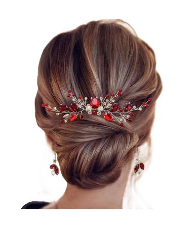 Bridal Crystal Hair Comb and Earrings Set Elegant Bride Wedding Hair Piece Accessories for Women Prom Party Photography (Wine Red)