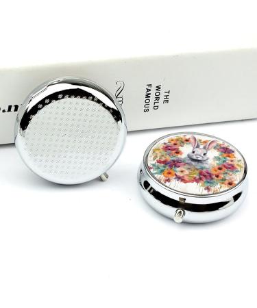 Travel Pill Box Organizer - 3 Compartment Round Case with Watercolor Rabbit & Flowers - Portable Medicine Holder for Handbag & Pocket - Buy Online on GoSupps.com