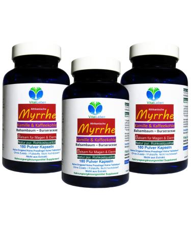 Myrrh + chamomile + coffee coal balm for the stressed intestine 540 (3x180) powder capsules to Ayurveda and Hildegard von Bingen - pure nature - without additives.27160-5 540 (3x180) capsules