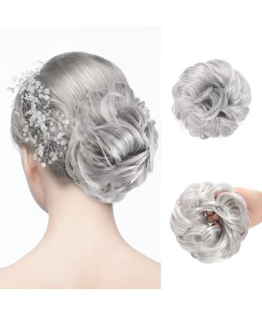 Hair Bun Extensions Hairpiece Hair Rubber Scrunchies Curly Messy Bun Wavy Curly Donut Hair Chignons Bridal Hairstyle Voluminous Wavy Messy Bun Updo Hair Pieces with Hair Rope and Hairpin 33g Grey Scrunchies - Grey