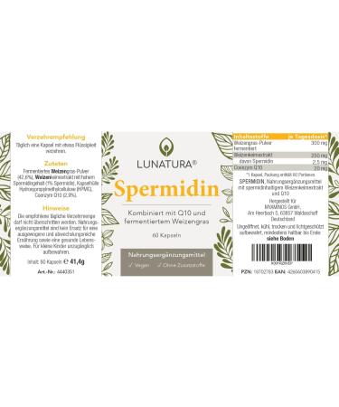 Lunatura High-Dose Spermidine - Vegan & Gluten-Free Wheat Germ Extract with Q10 | 60 Capsules | 2-Month Supply - Shop Internationally - Buy Online on GoSupps.com