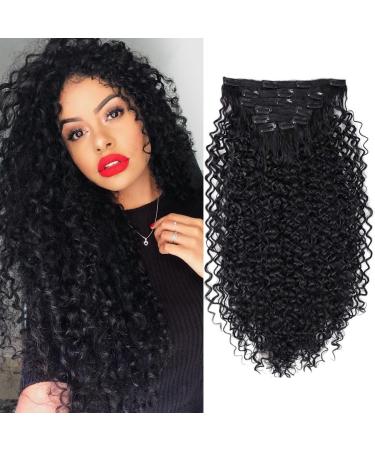 BHF 26 inch Kinky Curly Clip In Hair Extension, Double Weft Full Head Japanese Heat Resistance Fiber 140g Synthetic Hair Extensions For Women 7pieces (#1B) curly-#1B