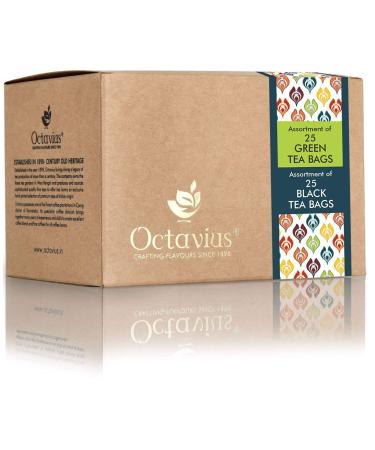 Octavius Teabags Sampler Pack | 6 Assorted Tea Flavors | 3 Black Teas Perfect For Tea & Chai Lovers | 3 Detox Green Teas | Packed In An Elegant Kraft Box | Perfect For Gifting | 50 Enveloped Teabags