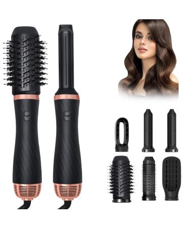 Hair Dryer Brush Set 6 in 1 Blow Dryer Brush Automatic Wrap Curlers Hot Air Brush for Hair Styling Multi-Temperature Settings with Detachable Hair Straightener Curling Iron Thermal Brush Black