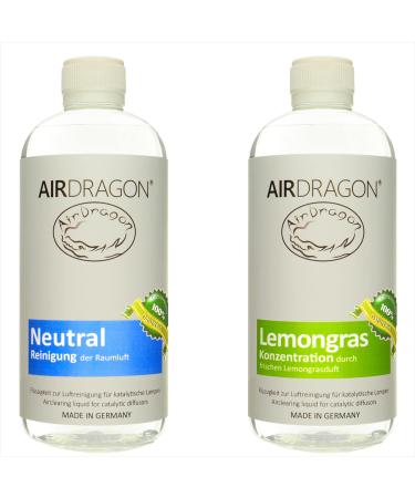 Airdragon fragrance set - neutral + lemongrass - 2 x 1 liter - catalytic room fragrance without artificial fragrances - 100% natural oil essential oil - for every catalytic lamp - made in Germany