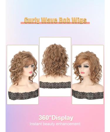 14 Inch Short Curly Wavy Bob Wig for Women - Ombre Blonde Wavy Synthetic Hair Wig with Side Bangs - Buy Online on GoSupps.com