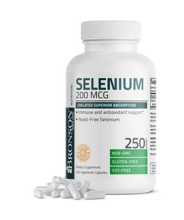 Bronson Selenium 200 mcg for Immune System, Thyroid, Prostate and Heart Health  Yeast Free Chelated Amino Acid Complex - Essential Trace Mineral with Superior Absorption, 250 Vegetarian Capsules 250 Count (Pack of 1)