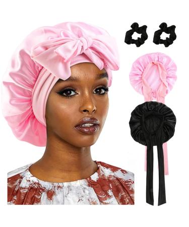 2 pieces of silk hood for sleeping Silk Bonnet with 2 hair tie sleeping hat Bonnet Sleep Cap adjustable sleeping hood silk wide satin hair hood for the night for women girls (black pink) - Buy Online on GoSupps.com
