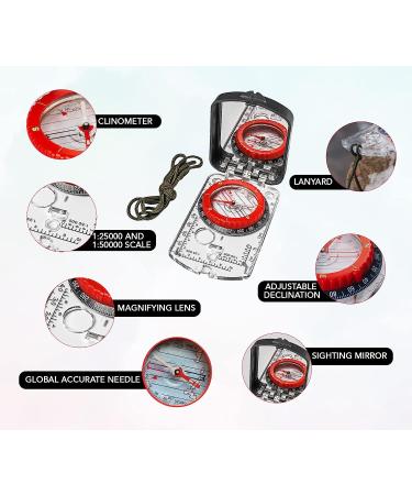 Sighting Compass Mirror Adjustable Declination - Boy Scout Compass Survival Camping | Base Plate Compass Kids Navigation | Orienteering Compass Hiking Map Read Military Compass Backpacking Clinometers Red - Buy Online on GoSupps.com