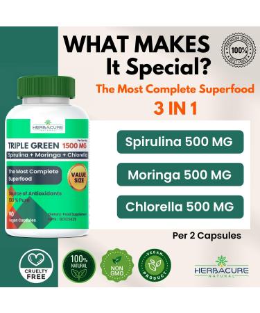 TRIPLE GREEN SPIRULINA MORINGA CHLORELLA UNIQUE 100% PURE 3 IN 1 NEW2023 ! 90 Capsules MADE IN CANADA  - Buy Online on GoSupps.com