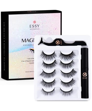 Magnetic Eyelash Kit, Premium Magnetic Eyelash with Eyeliner Kit, includes 5 Pairs of Reusable Realistic and Soft Magnetic Eyelashes, Advanced Eyeliners, Strong Hold, Easy to Apply Magnetic Eyeliner 3 Pair