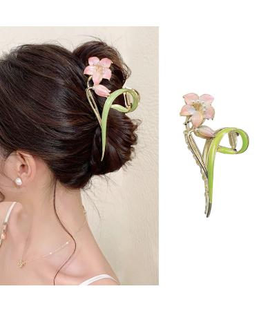 Flower Hair Clip Metal Gold Hair Claw Clip Pink Lily Floral Hair Barrettes Large Hair Clamps Non-slip Strong Hold Hair Clips Cute Flower Hair Accessories Fashion Hair Jaw Clips for Thick Thinner Hair
