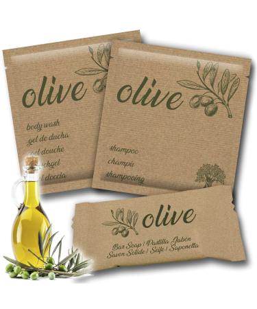 GPQ GPQ - OLIVE Hotel Amenities Pack | Shower gel + shampoo + soap kit | 100 units x 3 products | Paraben-free | Apartment B&B country house travel guests | Made in EU