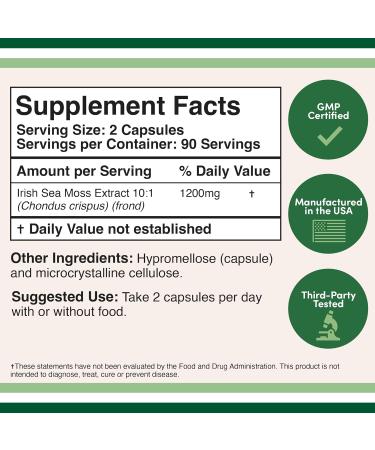 Irish Sea Moss Capsules 180 Count - Ultra High Purity Potent Extract (1200mg per Serving) - Wildcrafted Raw Chondrus Crispus - Double Wood Supplements - Buy Online on GoSupps.com