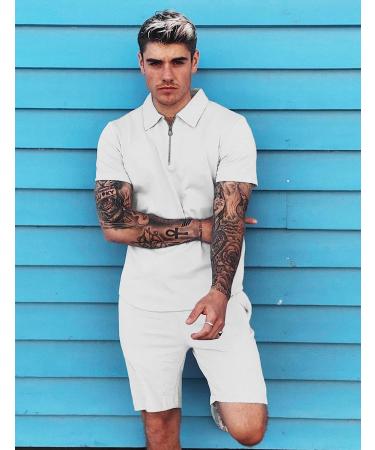 URRU Men's Short Sleeve Polo Shirt and Shorts Set - White Large | Summer Outfit for Men - Buy Online on GoSupps.com