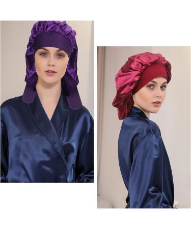 Arqumi Silk Bonnet 2PCS Large Adjustable Satin Hair Wrap for Sleeping | Elastic Stay On Cap for Long Curly Hair | Women's Hair Care - Purple & Wine Red - Buy Online on GoSupps.com