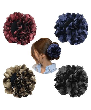 Cinaci 4 Pack Red Navy Blue Black Large Satin Flower Hair Bows Plastic Hair Claws Clips Ribbon Fabric Floral Octopus Jaw Barrettes Clamps Ponytail Buns Holders Thick Hair Accessories for Women Girls