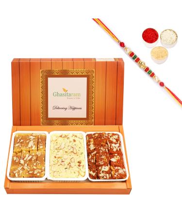 Ghasitaram Gifts Rakhi Gifts for Brothers Rakhi Sweets - Soan Papdi Dodha Barfi and Soft Mysore Pak with Pearl Beads Rakhi