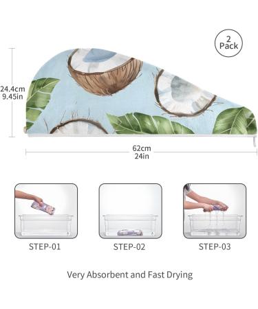 Watercolor Coconuts & Green Leaves Hair Towel 2 Pack - Super Absorbent Quick Dry Turbans for Women & Girls - Buy Online on GoSupps.com