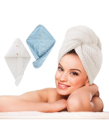 LTBL microfiber hair cloth wrap large double-layer thickened hair drying towel with button fast drying hair towels for women (light blue & pearl white) - Buy Online on GoSupps.com