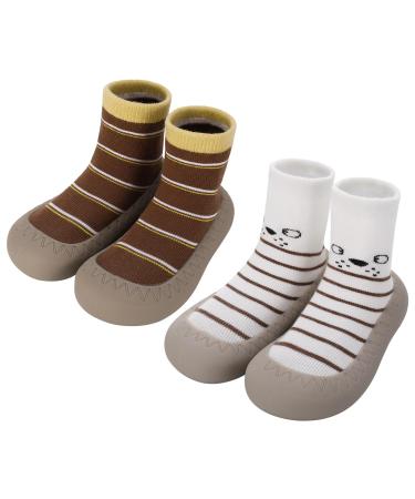 Zuimei 2 Pairs Toddler Sock Shoes Baby Boys Girls First Walking Shoes Infant Toddler Sock Slippers with Anti-Slip Rubber Soft Sole(6-12 months)