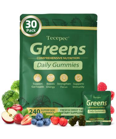Greens Daily Gummies, Superfood Fruits and Veggies Blend with Spirulina, Chlorella, Prebiotics & Fiber, Adaptogens Multivitamin Supplement for Women & Men Digestive Health, Non-GMO, 240 Count 240 Count (Pack of 1)