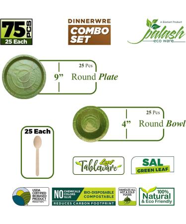 Palash Pack of 75 | Sal Leaf Dinnerware Set Eco-Friendly | 9" Plates + 4" Soup Bowl (4oz/120 ml) + Spoon | Sustainable Tableware for Theme Parties and Weddings 9" Plate + 4" Bowl + Spoon | Pack of 75 - Buy Online on GoSupps.com