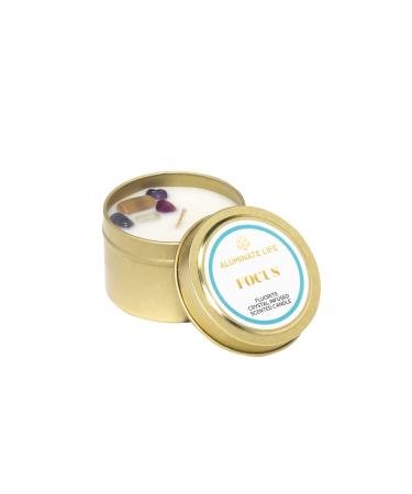 Luxury Candle Tin 4 OZ Focus - Fluorite Crystal Infused - Scents of Orange Ginger Ylang-ylang & Lavender - Awareness Mental Order & Clarity - Coconut Wax Blend Essential Oils