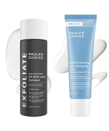 Paula's Choice SKIN PERFECTING 2% BHA Liquid Exfoliant Salicylic Acid Facial Exfoliator for Enlarged Pores & RESIST Daily Hydrating Fluid Face Moisturizer with SPF 50 Sunscreen