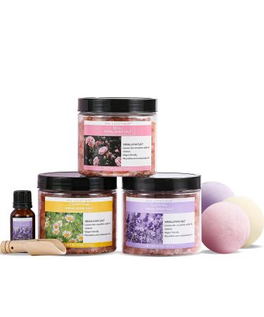 Spa Luxetique Epsom Salt for Soaking - 8pcs Pink Himalayan Bath Salts Gift Set with Essential Oil, Bath Bombs, Wooden Scoop, Revitalize and Soothes Skin,Bath Set Relaxing Spa Gifts for Women