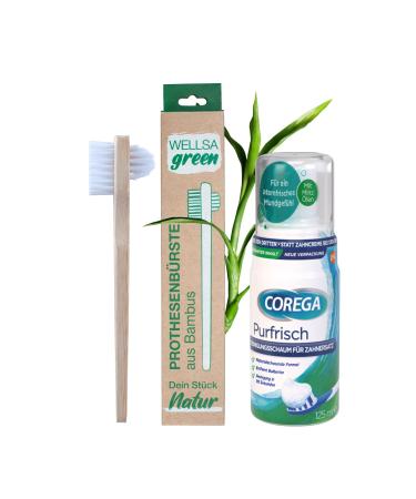 Wellsamed savings set with denture brush and COREGA Purfrisch cleaning foam for dentures (bamboo)